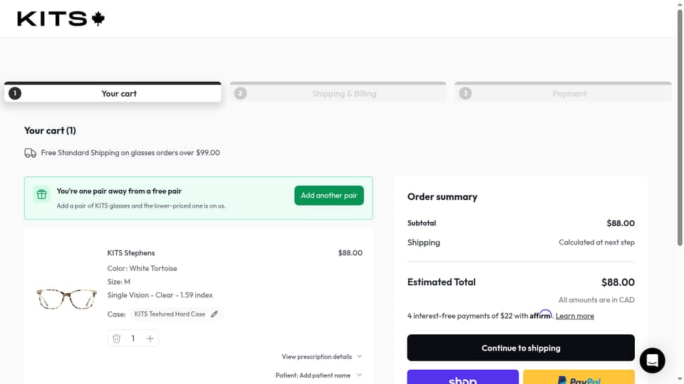 KITS (KITS Eyecare) checkout page showing the Type your promo code field and Apply button