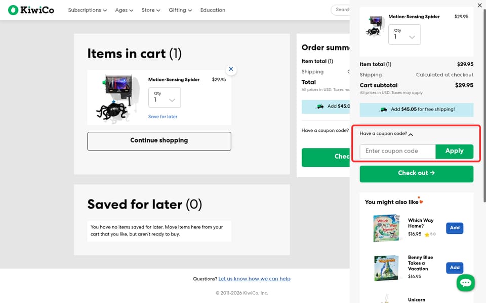 Kiwi Crate checkout page showing the Enter coupon code field and Apply button