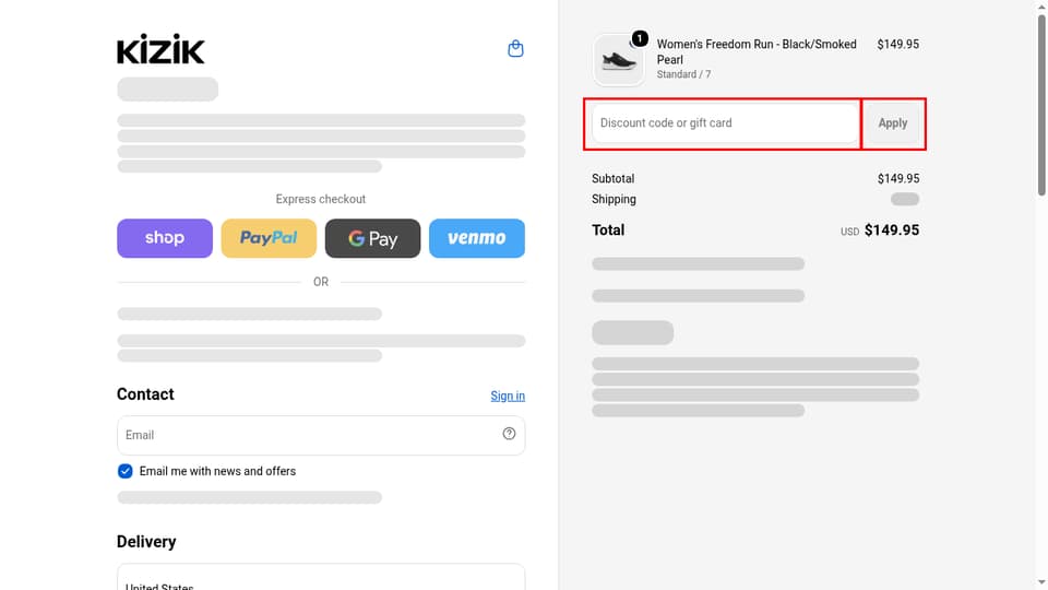 Kizik checkout page showing the Discount code or gift card field and Apply button