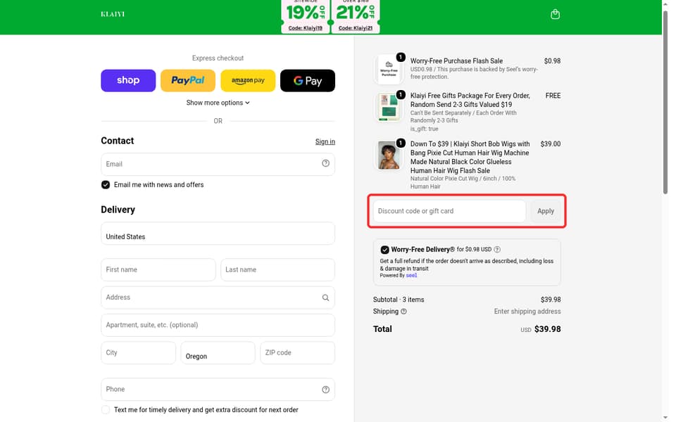 Klaiyi Hair checkout page showing the Discount code or gift card field and Apply button