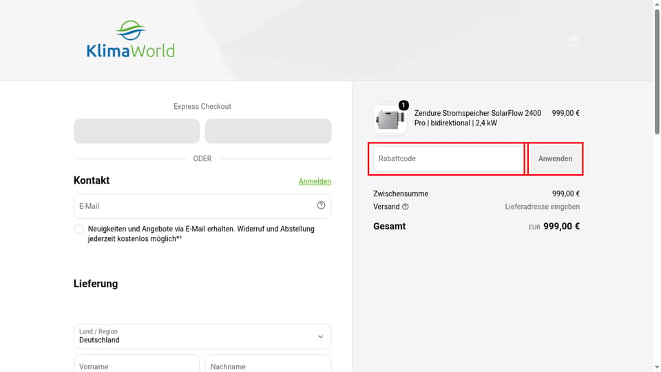 KlimaWorld checkout page showing the Rabattcode field and Anwenden button