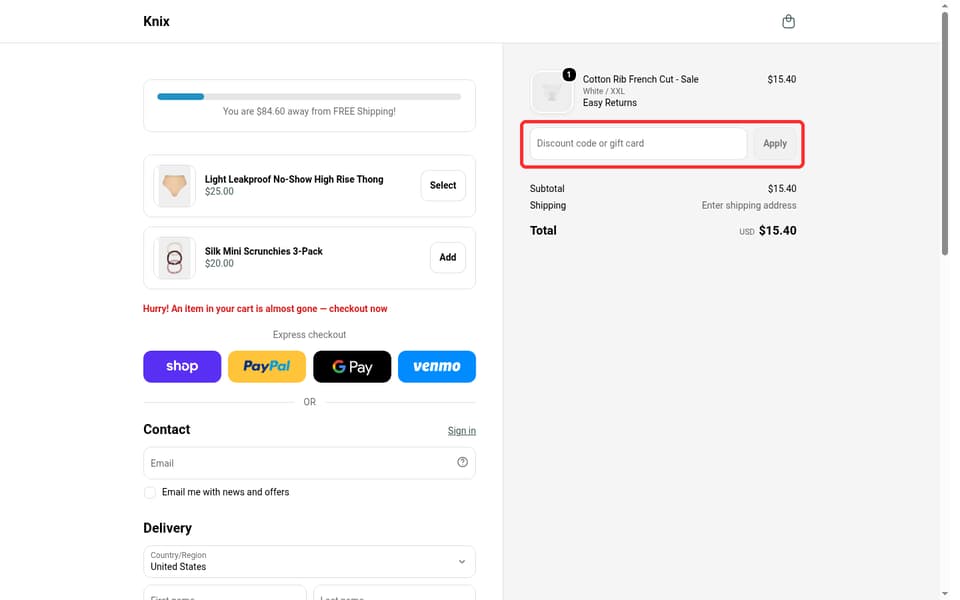Knix checkout page showing the Discount code or gift card field and Apply button