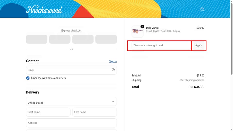 Knockaround checkout page showing the Discount code or gift card field and Apply button