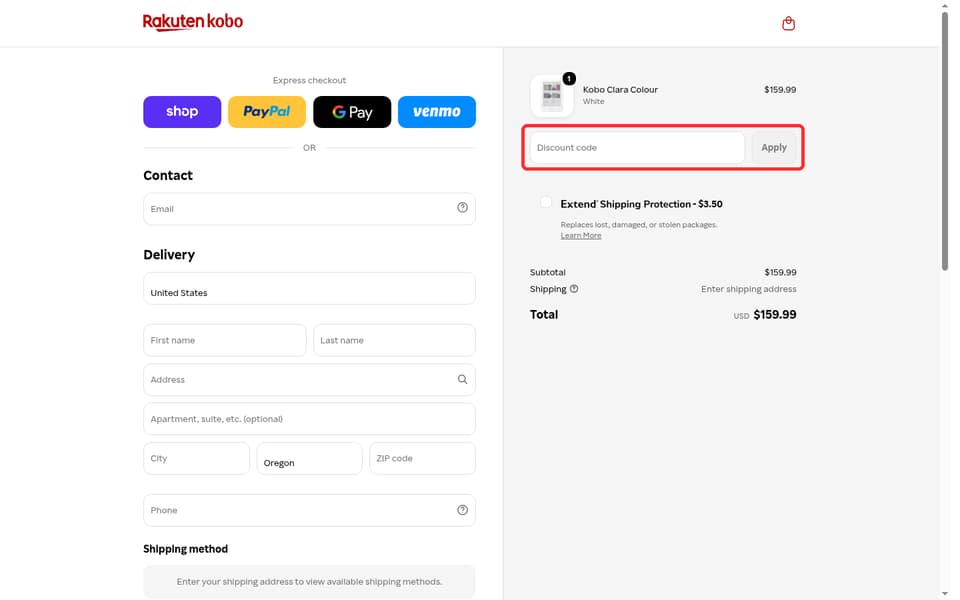 Kobo checkout page showing the Discount code field and Apply button