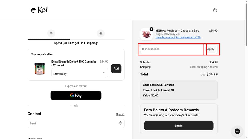 Koi CBD checkout page showing the Discount code field and Apply button