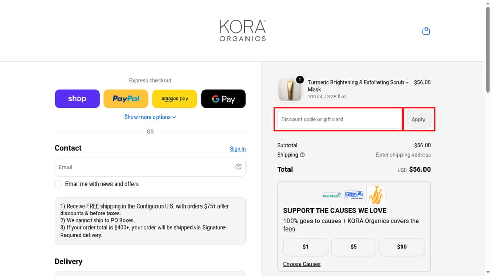 KORA Organics checkout page showing the Discount code or gift card field and Apply button