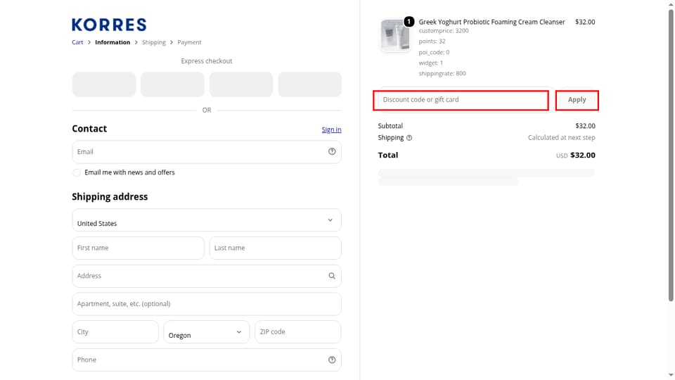 KORRES checkout page showing the Discount code or gift card field and Apply button