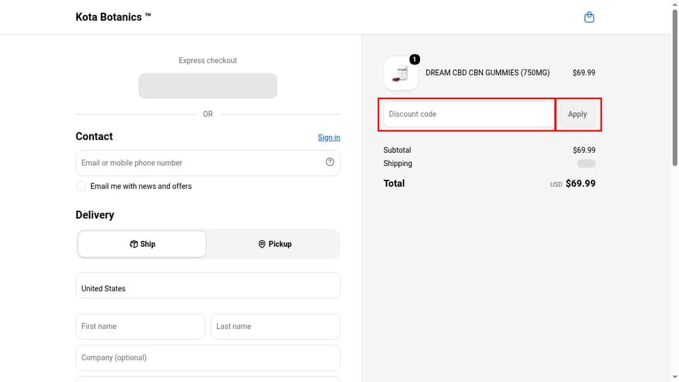 Kota Botanics checkout page showing the Discount code field and Apply button
