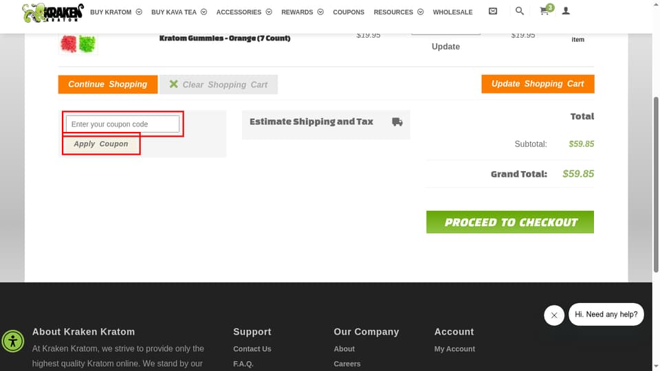 Kraken Kratom checkout page showing the Enter your coupon code field and Apply Coupon button