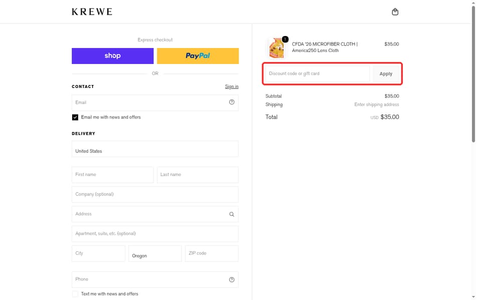 KREWE checkout page showing the Discount code or gift card field and Apply button