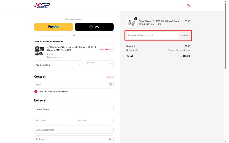 KSP Performance checkout page showing the Discount code or gift card field and Apply button
