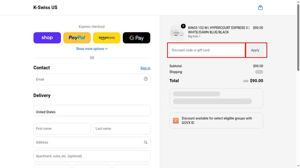 K-Swiss Shoes checkout page showing the Discount code or gift card field and Apply button