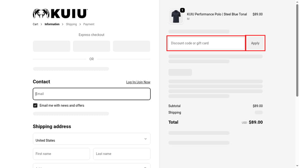 KUIU checkout page showing the Discount code or gift card field and Apply button