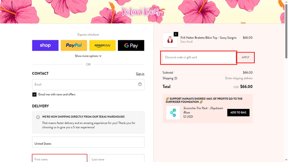 Kulani Kinis checkout page showing the Discount code or gift card field and Apply button