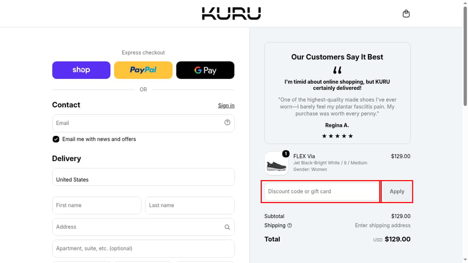 KURU Footwear checkout page showing the Discount code or gift card field and Apply button