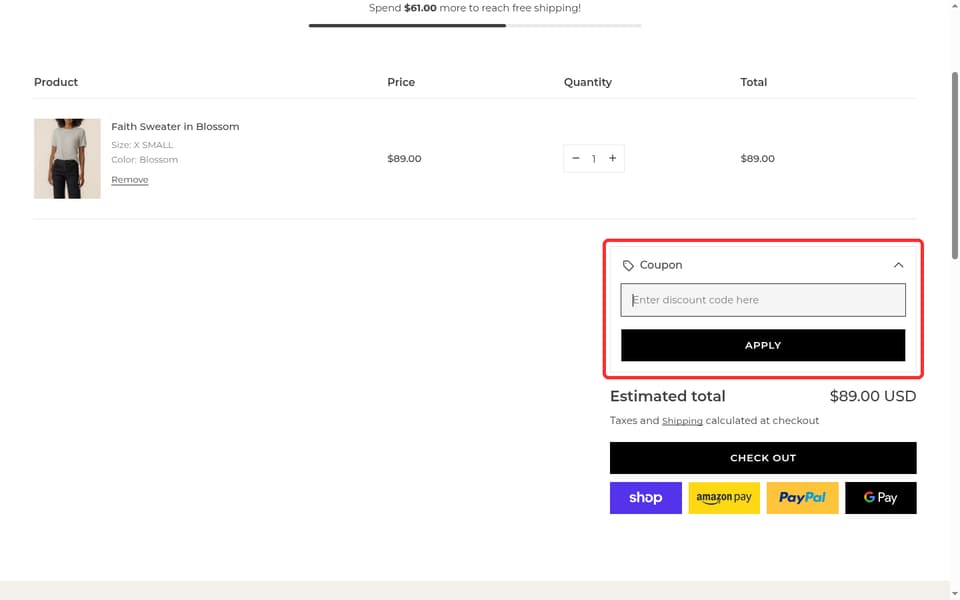 Kut from the Kloth checkout page showing the Enter discount code here field and Apply button