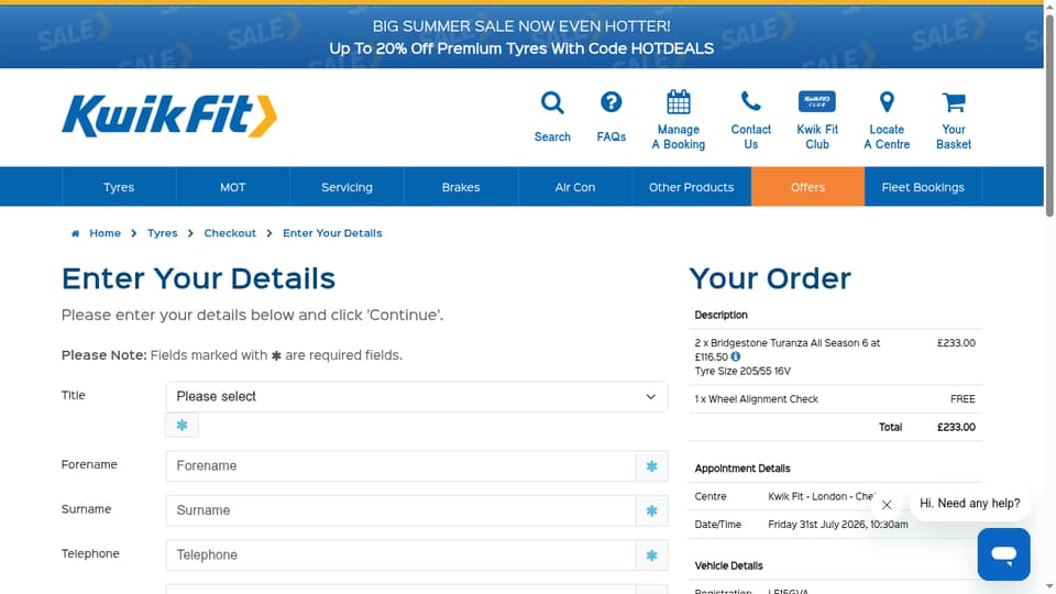 Kwik Fit checkout page showing the Offer Code field and Apply Code button