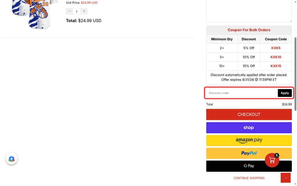 KXKSHOP checkout page showing the Discount code field and Apply button