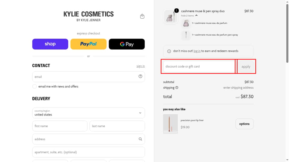 Kylie Cosmetics checkout page showing the Discount code or gift card field and Apply button