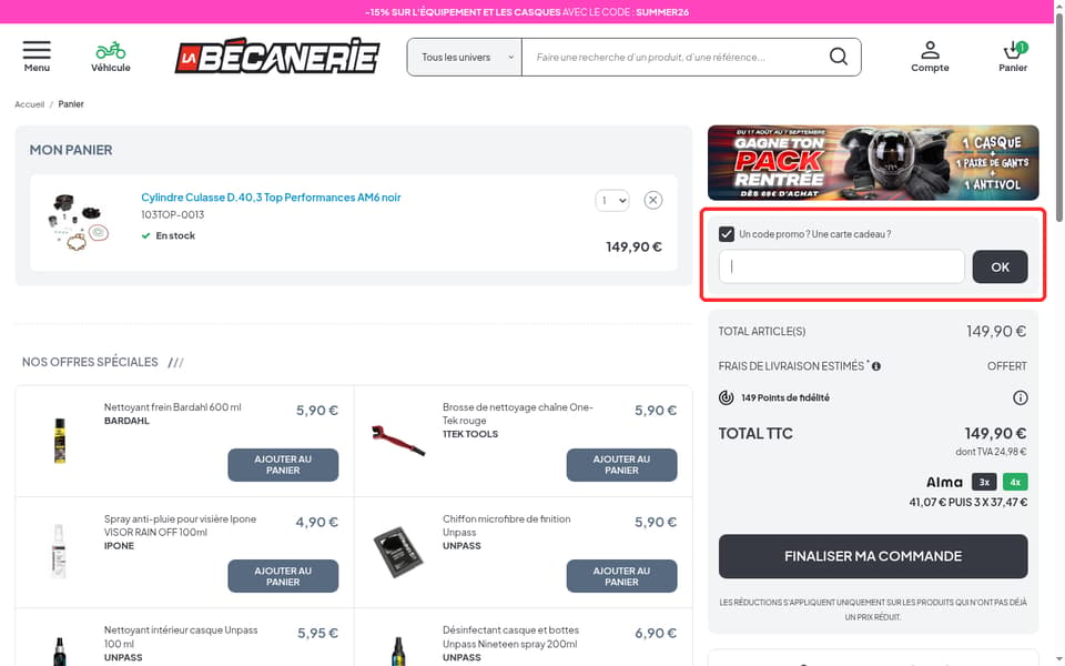 La Bécanerie checkout page showing the Un code promo ? Une carte cadeau ? field and OK button