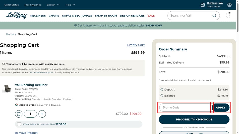 La-Z-Boy checkout page showing the Promo Code field and Apply button