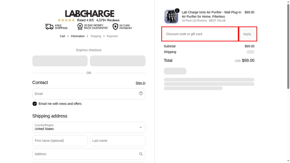 Lab Charge checkout page showing the Discount code or gift card field and Apply button
