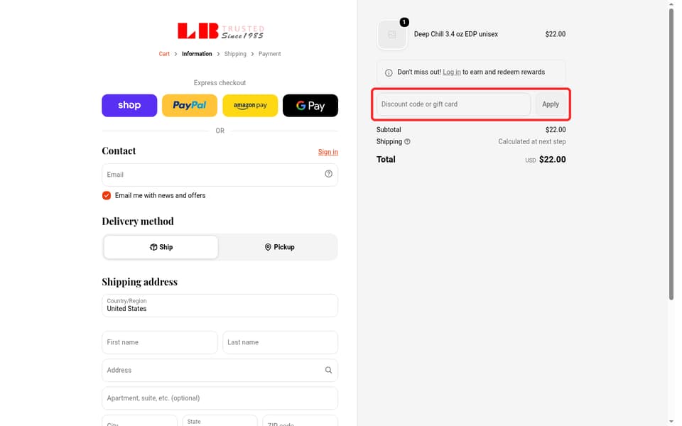 LaBelle Perfumes checkout page showing the Discount code or gift card field and Apply button