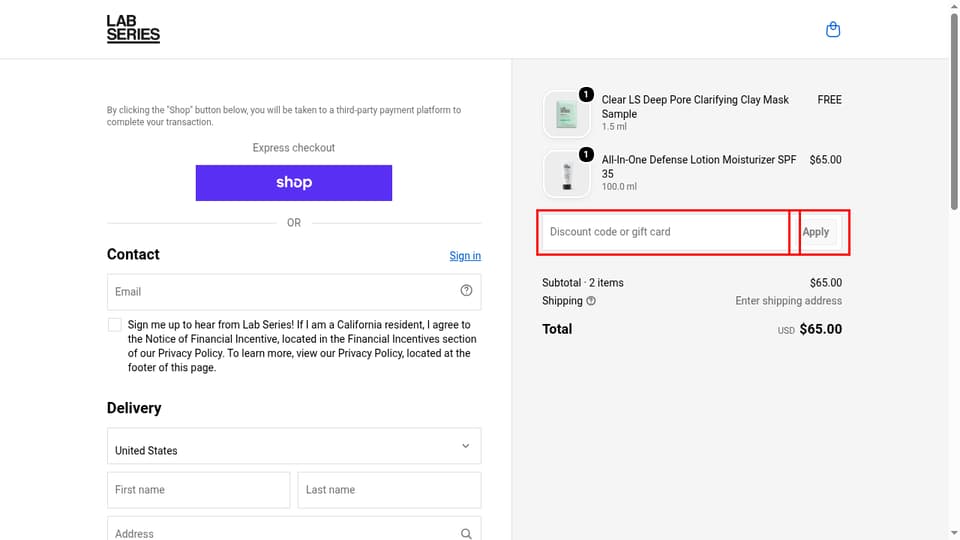 Lab Series checkout page showing the Discount code or gift card field and Apply button