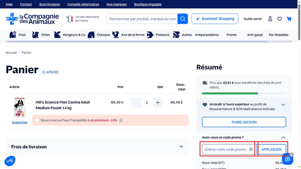 La Compagnie des Animaux checkout page showing the Entrez votre code promo field and Appliquer button