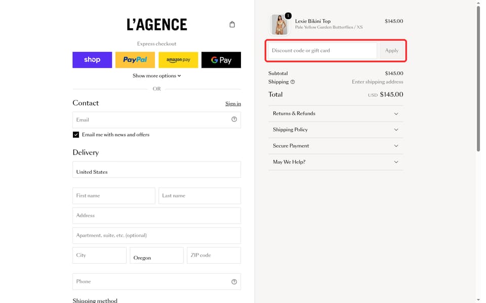 L'AGENCE checkout page showing the Discount code or gift card field and Apply button