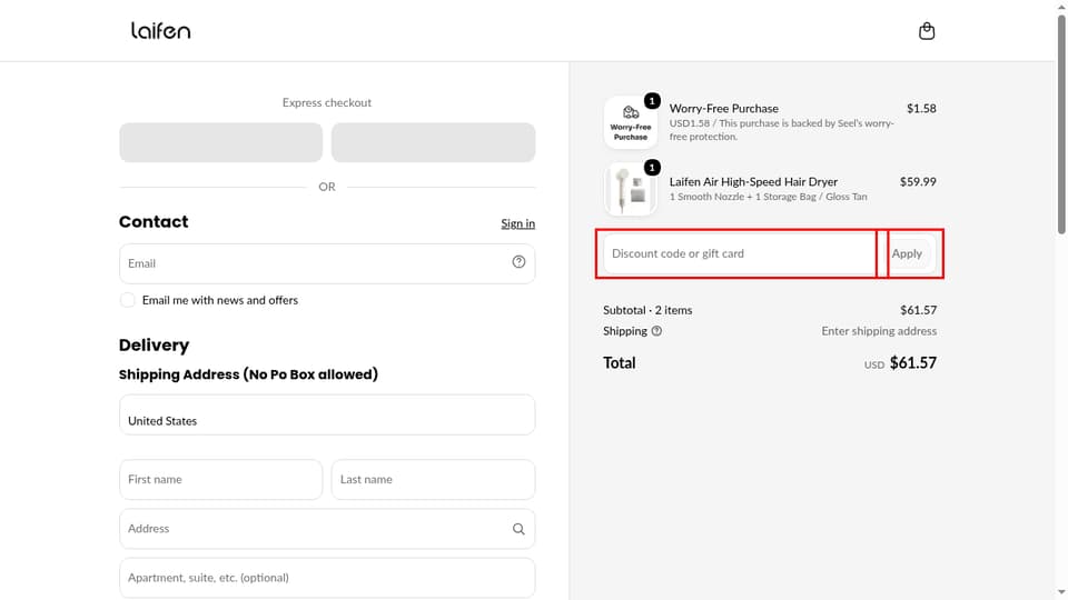Laifen checkout page showing the Discount code or gift card field and Apply button