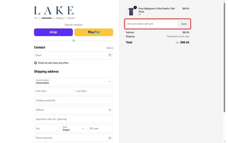 LAKE Pajamas checkout page showing the Discount code or gift card field and Apply button