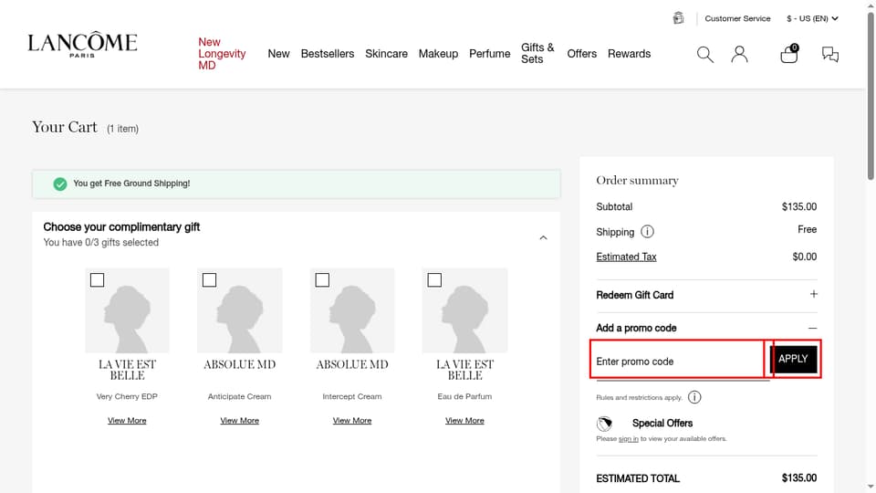 Lancôme checkout page showing the Enter promo code field and Apply button