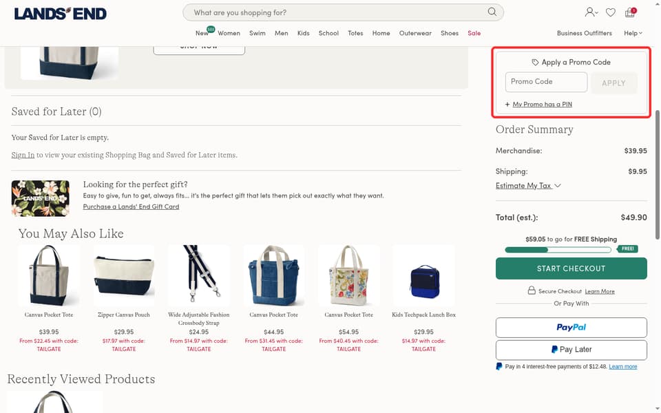 Lands' End checkout page showing the Promo Code field and APPLY button
