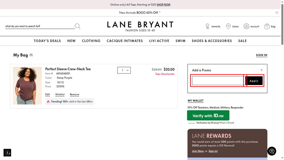 Lane Bryant checkout page showing the promo code field and Apply button