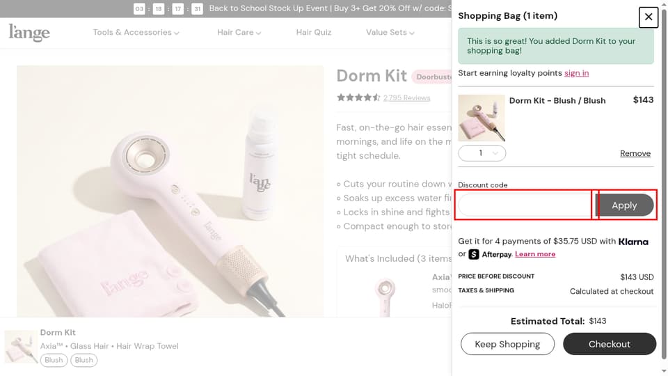 L'ange Hair checkout page showing the Discount code field and Apply button