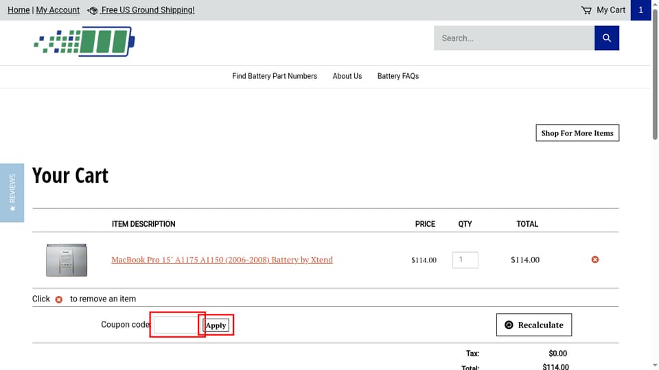 Laptop Battery Express checkout page showing the Coupon code: field and Apply button