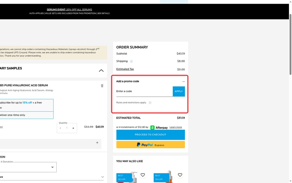 La Roche-Posay checkout page showing the Enter a code field and Apply button