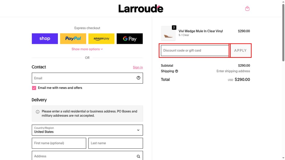 Larroudé checkout page showing the Discount code or gift card field and Apply button