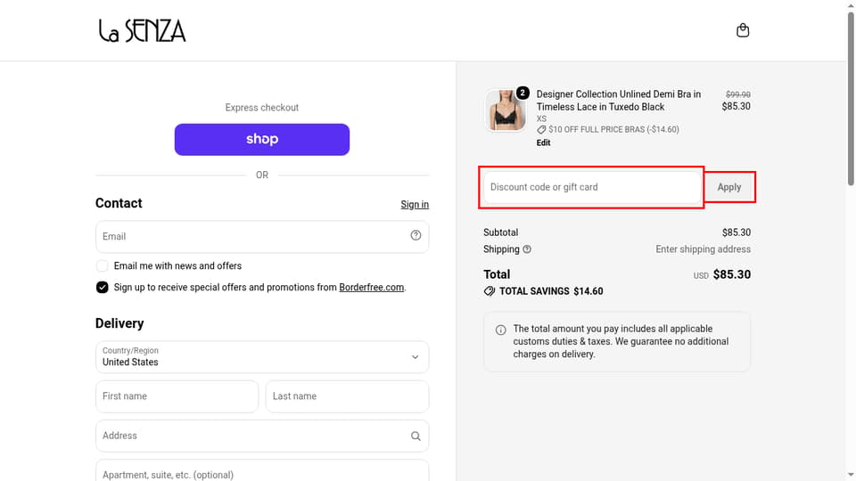 La Senza checkout page showing the Discount code or gift card field and Apply button