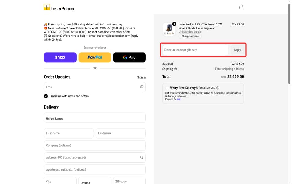 LaserPecker checkout page showing the Discount code or gift card field and Apply button