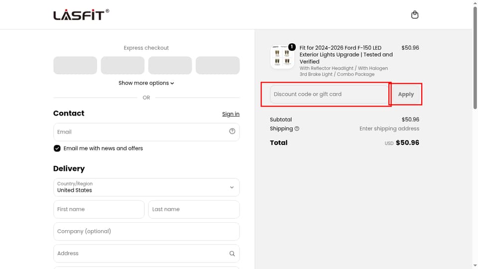 Lasfit checkout page showing the Discount code or gift card field and Apply button