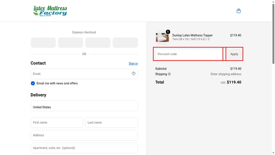 Latex Mattress Factory checkout page showing the Discount code field and Apply button