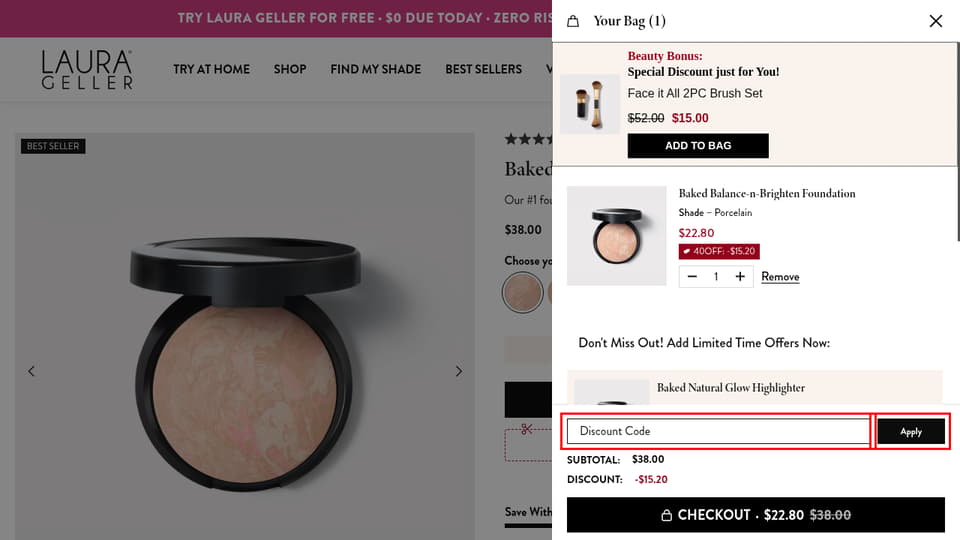 Laura Geller checkout page showing the Discount Code field and Apply button