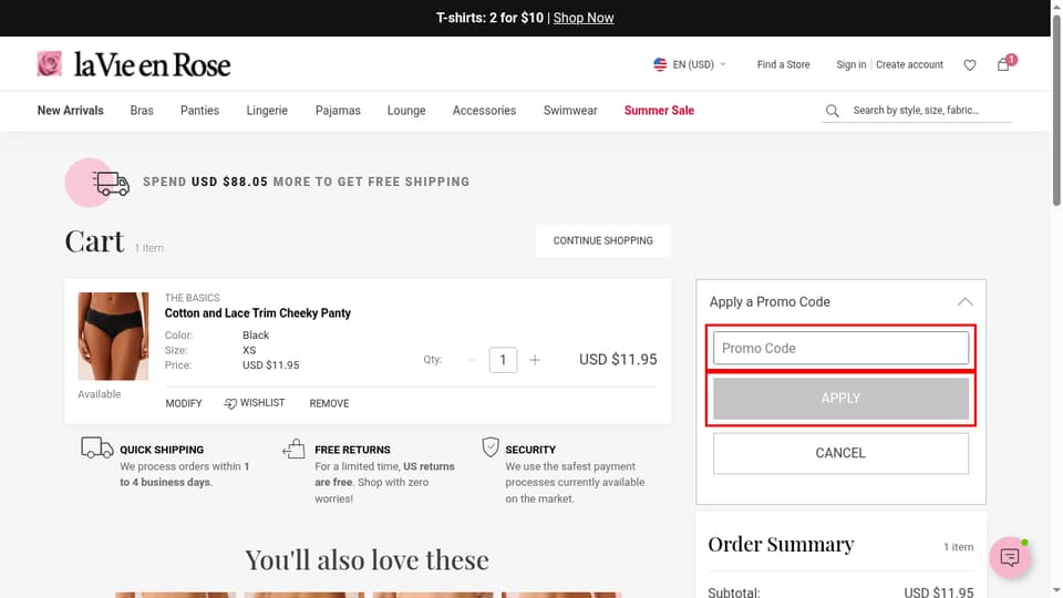 La Vie en Rose checkout page showing the Promo Code field and Apply button