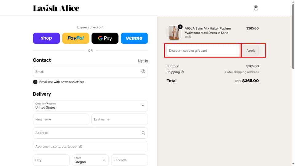 Lavish Alice checkout page showing the Discount code or gift card field and Apply button