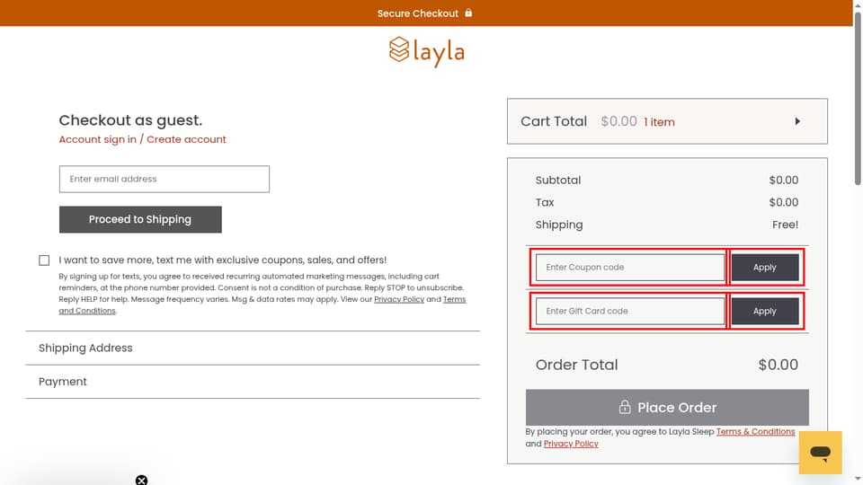 Layla Sleep checkout page showing the Enter Coupon code field and Apply button