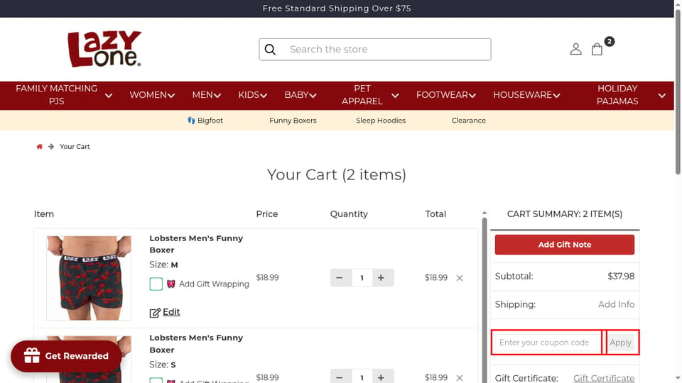 LazyOne checkout page showing the Enter your coupon code field and Apply button