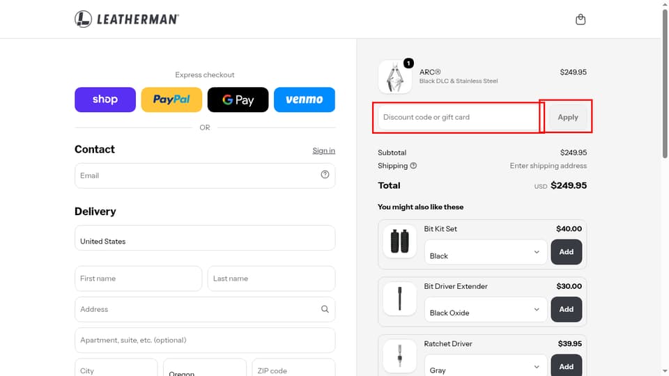 Leatherman checkout page showing the Discount code or gift card field and Apply button