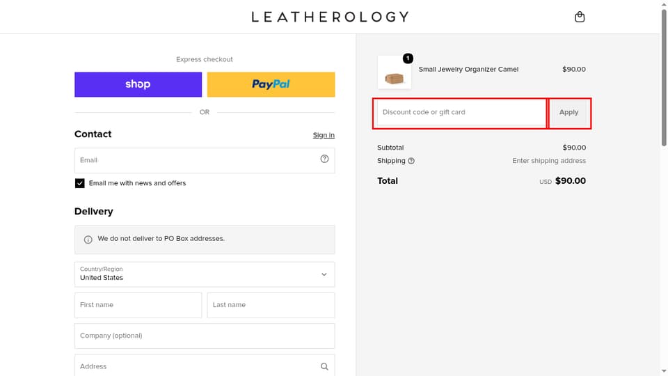 Leatherology checkout page showing the Discount code or gift card field and Apply button